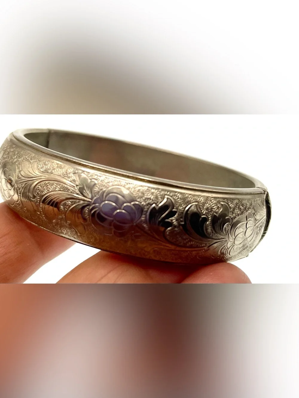 Vintage 1950s Silver Tone Floral Engraved Hinged Bangle Bracelet MCM